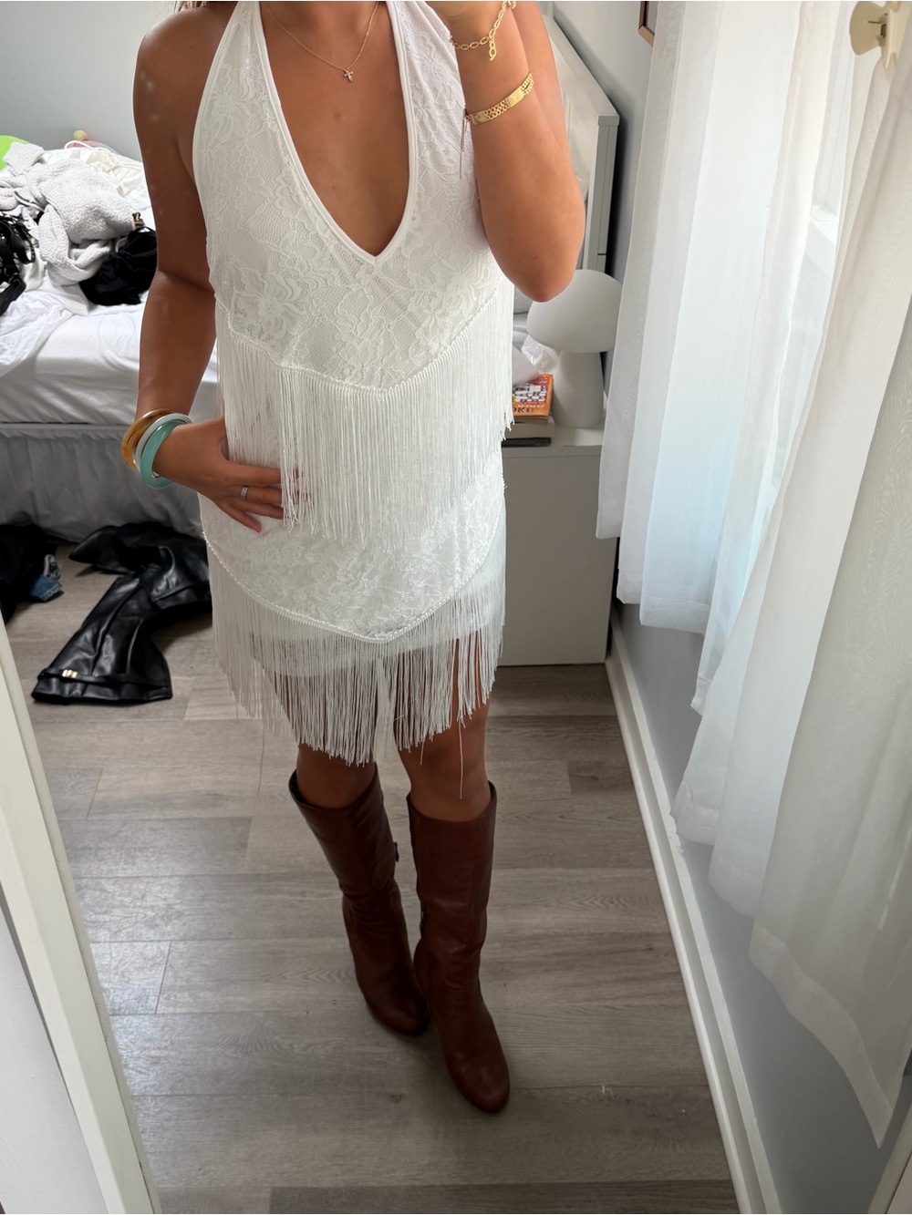 White Fringe Halter Dress - Elegant Party Dress